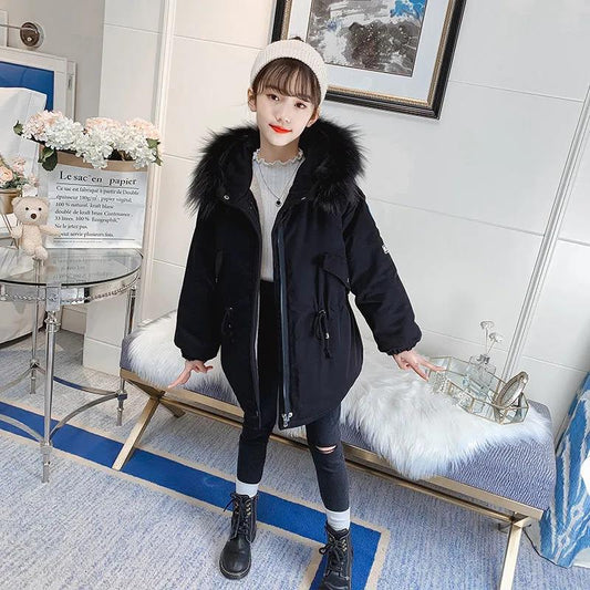 Girls' Warm and Windproof Winter Coat Plus Velvet Thick Casual Mid-length Fur Collar Coat