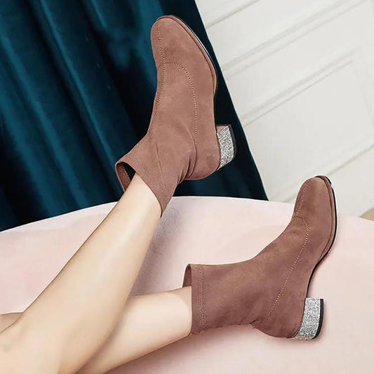Women's Thick Heel Fashion Boots Autumn and Winter Trend All-match High-heeled Boots Short Tube High-top Shoes Microfiber Sock Boots