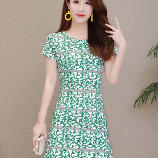 Women's Summer Print Ethnic Dress Large Size Loose Round Neck A-Line Skirt