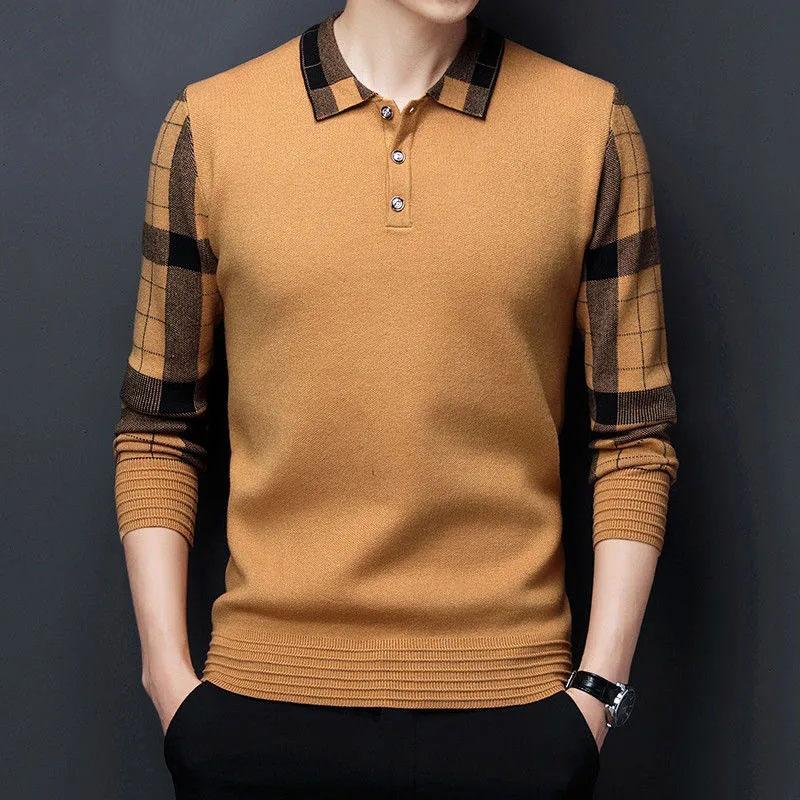 Spring and Autumn Men's Wool Sweater Shirt Plaid Collar Lapel Warm Polo Shirt Slim Top Bottom Shirt