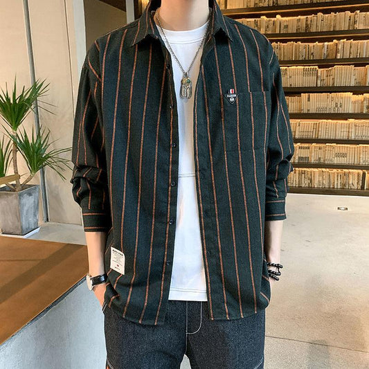 Cotton Striped Shirt Men's Long Sleeve Top Loose Large Size Jacket