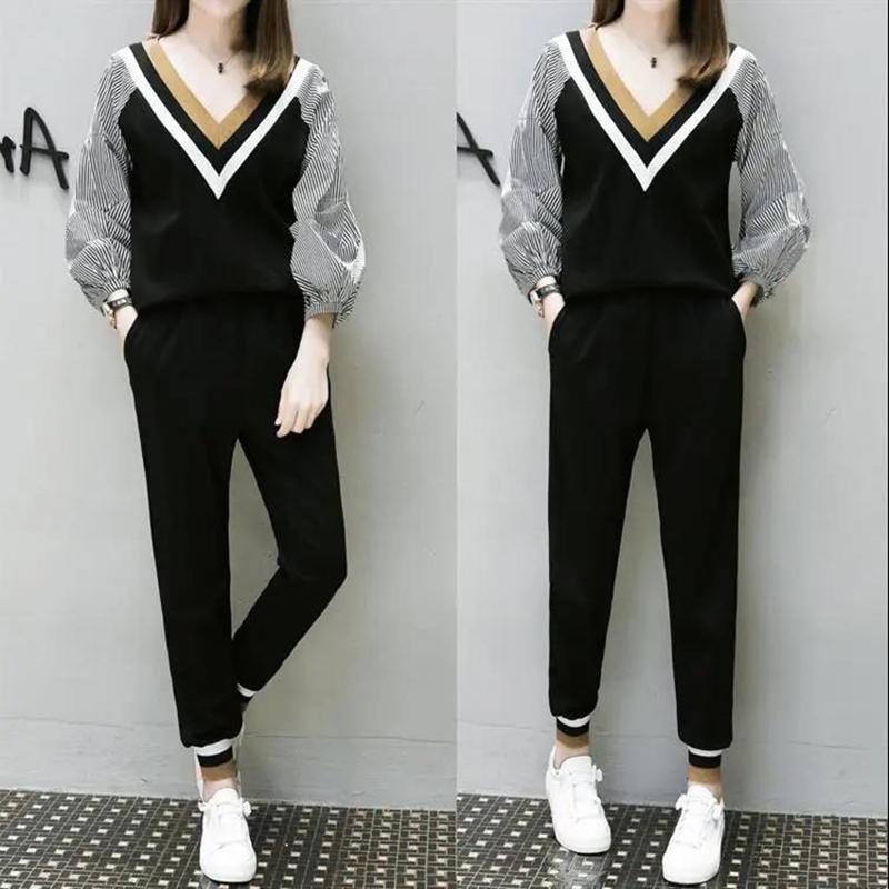 Spring and Autumn Plus Size Women's Clothing Slimming Harem Pants Two-piece Age-reducing Suit Long-sleeved V-neck Shirt + Casual Elastic Trousers