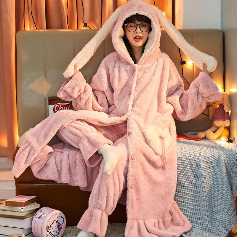 Pajamas Women's Autumn and Winter Coral Fleece Warm Night Gown Long Suit Can Wear Flannel Thickening Plus Velvet Bathrobe Home Service