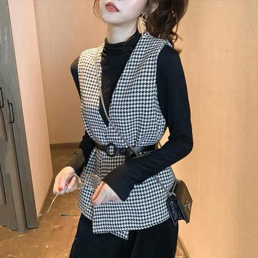 Houndstooth Women's Vest Sleeveless Spring and Autumn Casual Coat Waistcoats with Belt