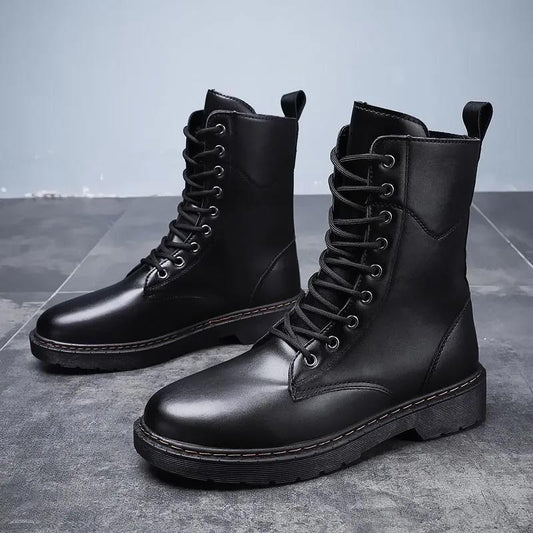 Autumn High-top Cowboy Boots All-match Outdoor Martin Boots Men's Casual British Tooling Leather Boots Men's Lace-up Black Handsome Motorcycle Boots