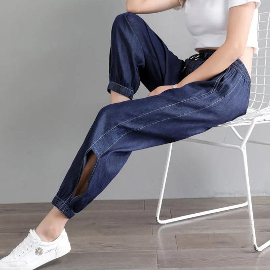 Tencel Thin Denim Jeans Women's Korean Style Loose Large Size Casual Ninth High Waist Harem Pants Outdoor Sports Denim Jeans Trousers