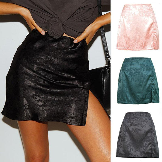 Skirts Womens Spring Summer Girl's Split Skirt Female Jacquard Satin High Waist Zipper Skirts Club Mini Skirt