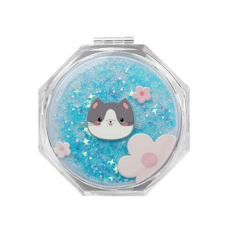 Woman Polygon Hand-held Makeup Mirror Mini Vanity Mirror Schoolgirl Flip Foldable Easy To Carry Quicksand Sequins