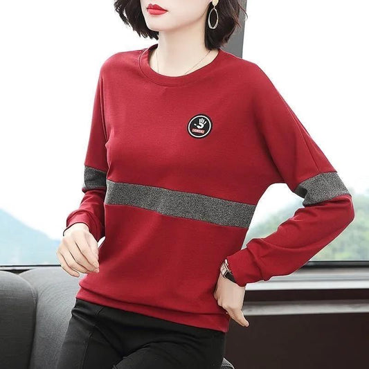 Spring and Autumn Women's Long-sleeved T-shirt Loose Round Neck Top Women Solid Color Bottoming Shirt