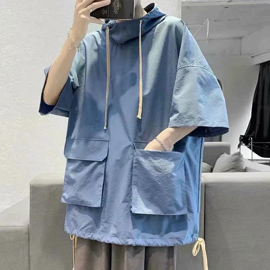 Summer Thin Hooded Students All-match Short-sleeved T-shirt Men's Trendy Design Sense Tooling Five-point Half-sleeved