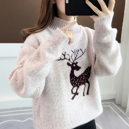 Winter White Elk Sweater Pullover Half-High Collar Loose Wear Lazy Wind Thick Undershirt