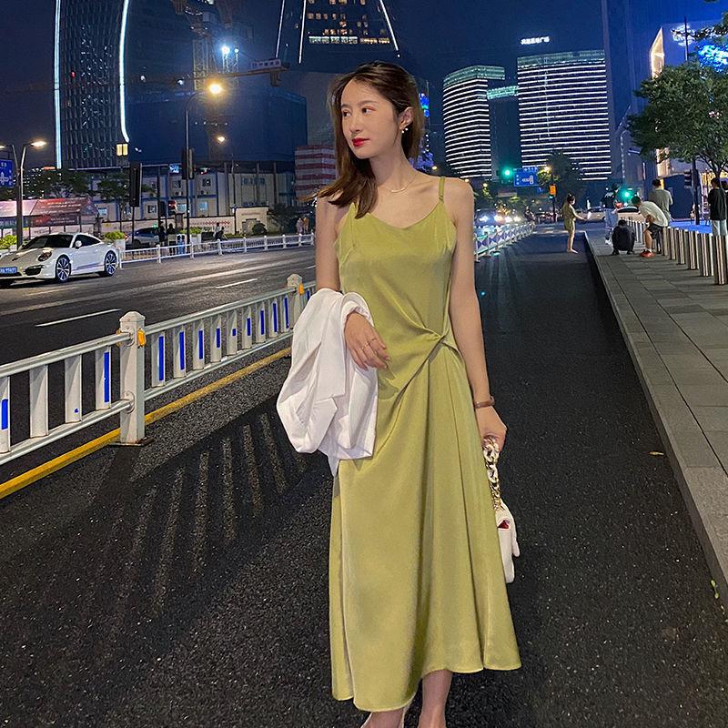 Summer Women Sleeveless Suspender Dress V-neck Silk Long Braces Skirt