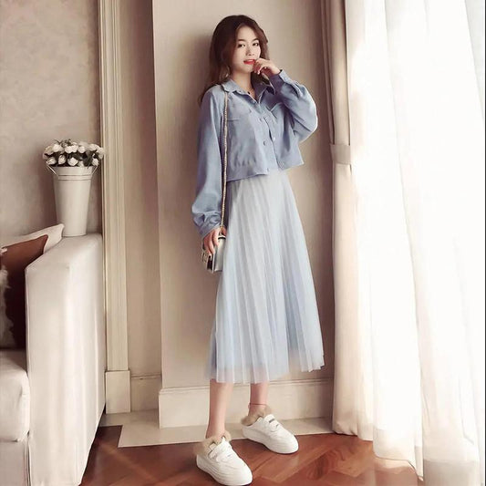 Ladies Skirt Short Jacket + Mid-length Mesh Skirt Dress Long Skirt Two-piece Dress Ladies Mesh Dress Long Sleeve Jacket Two-piece Dress