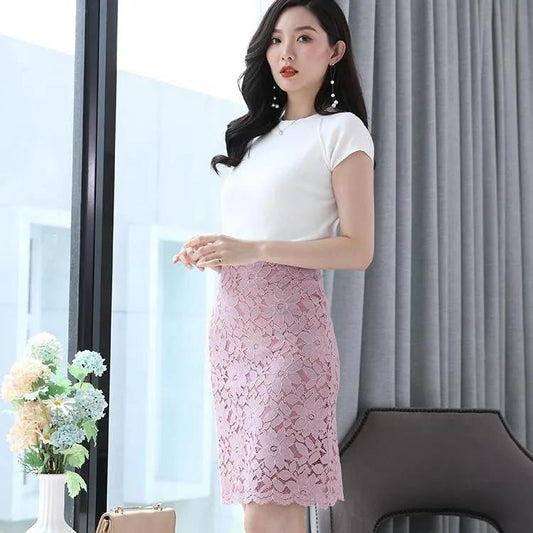Hollow Embroidered Lace Short Skirt Large Size Hip A-line Skirt Women's Elegant Knee-length Slim Skirt Is Thin High Waist Skirt