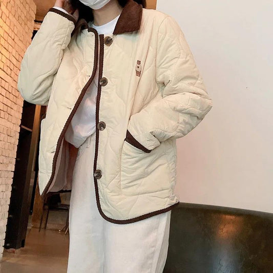 College Wind Bear Embroidery Lapel Cotton Quilted Loose Short Warm Long-sleeved Jacket Women