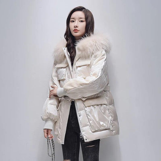 Winter Hooded Down Jacket Women Bright Face Mid-length Large Fur Collar White Duck Down Thick Coat