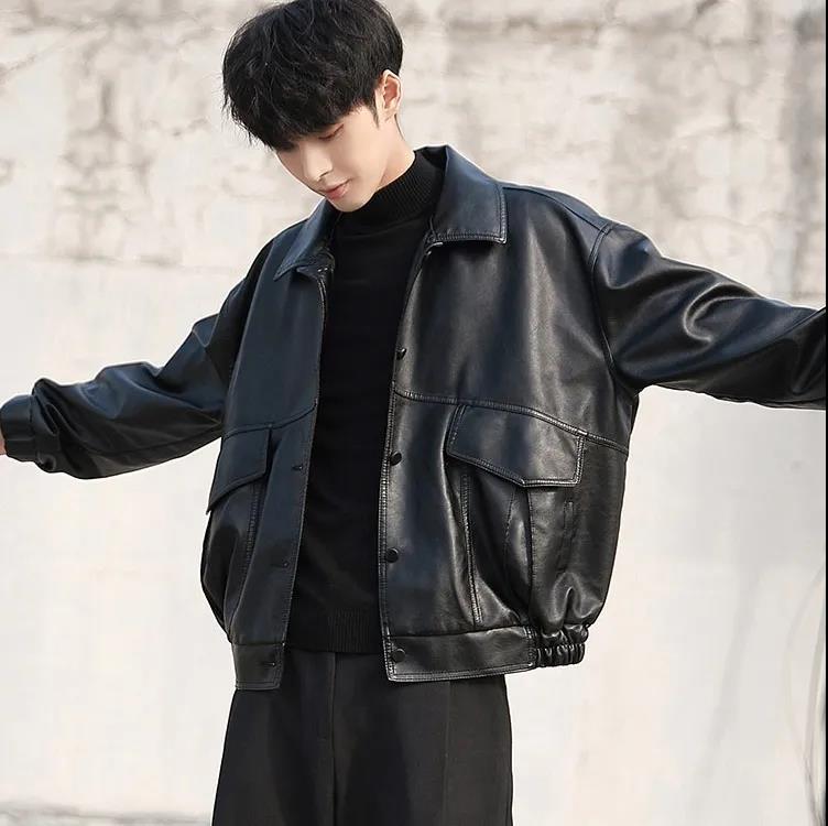 Leather Men's Korean Version of The Trend of Loose Thin Locomotive Clothing Young Students Pilot Leather Jacket Spring and Autumn Jacket Tide Brand