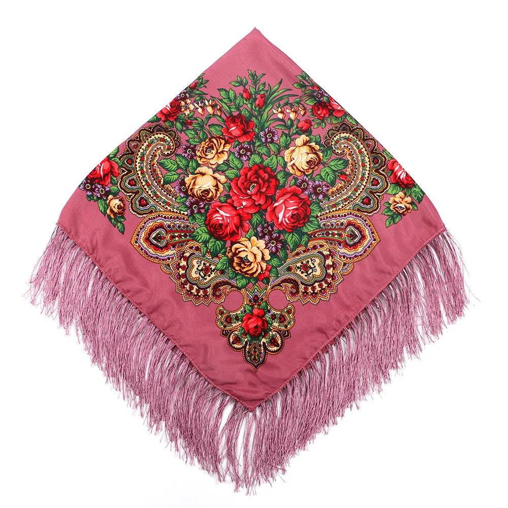 Muslim Women's Autumn Winter Pullover Scarf Cotton Printed Fringe Multifunctional Square Scarf Ethnic Wind Sand-proof Shawl Embroidery Tassels Scarves