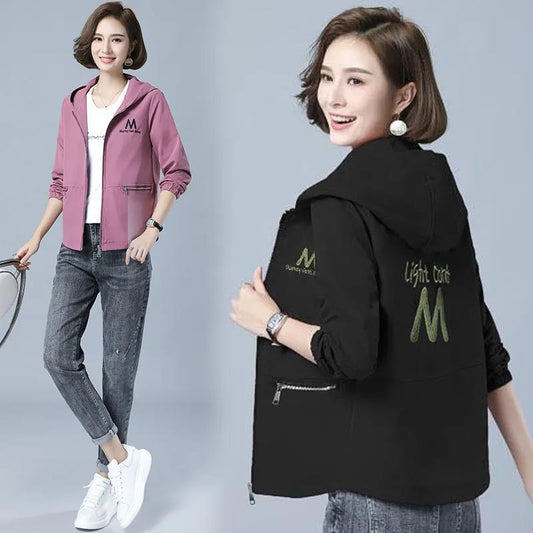 Hooded Five Tone Windbreaker Jacket Zip Pockets Coats and Jackets Autumn Women Clothes Long Sleeves Outwear