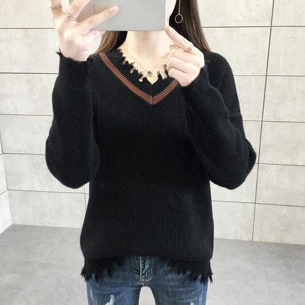 Fringed Loose Knit Women's Spring and Autumn Harajuku Student Bottoming Shirt V-neck Pullover Sweater