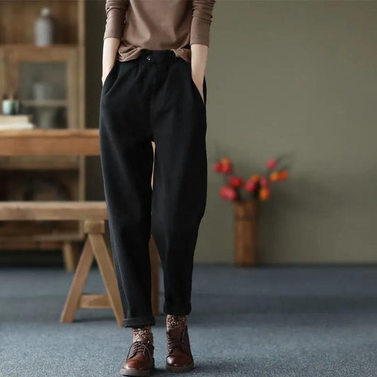 Autumn and Winter Thick Cotton Pants Casual Pants Women Elastic Waist Plus Cashmere Harem Pants Solid Color Fashion Women's Pants