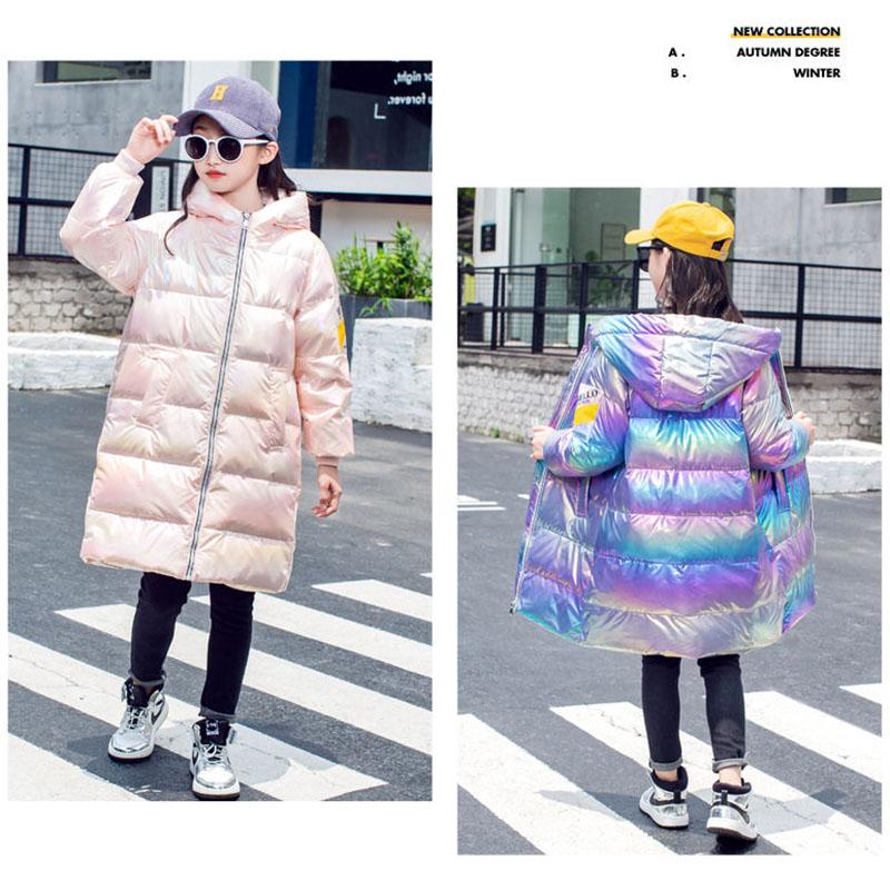 Girls' Down Jacket Mid-length Colorful Winter Clothes Thick Shiny Hooded Warm and Windproof Jacket