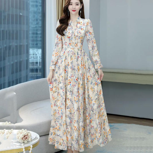 Jacquard V-neck Long-sleeved Dress Spring and Autumn Style Temperament Waist Slimming Slim Bow Long Dress Women's Fabric Light and Breathable