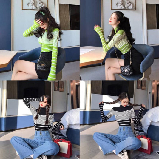 Pofulove r Loose Contrast Striped Sweater Women's bottoming blouse Korean Slim Turtleneck Striped