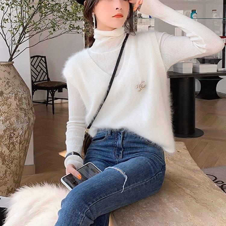 Pofulove 3 Colors Women Faux Mink Cashmere Lazy Loose V-neck Sweater Knitted Tank Top Chic Vest