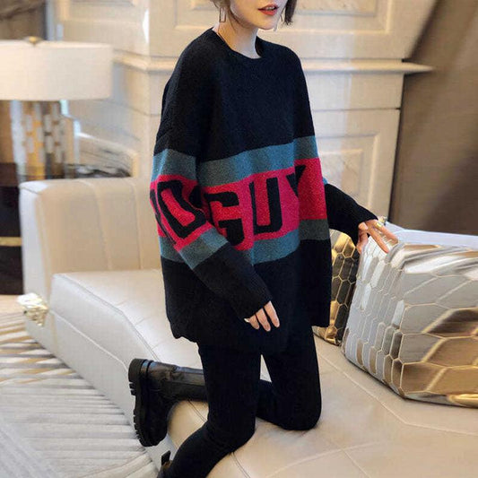 Autumn/winter Fashion Striped Bottoming Shirt Mid-length Loose-fitting Outer Sweater Long-sleeved Splicing Color Top Coat