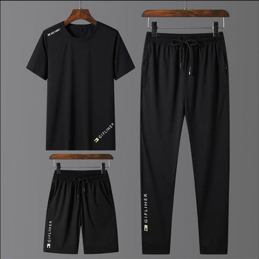 Three-piece Casual Suit Men's Summer Ice Silk Shorts Men's Trousers Loose Large Size T-shirt Men's Short-sleeved Clothes