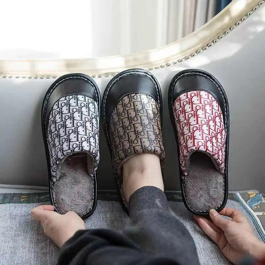 PU Waterproof Slippers Women Men Winter Plush Keep Warm Flat Home Shoes Woman Soft Comfort Female Shoes Sewing Interior Slipper