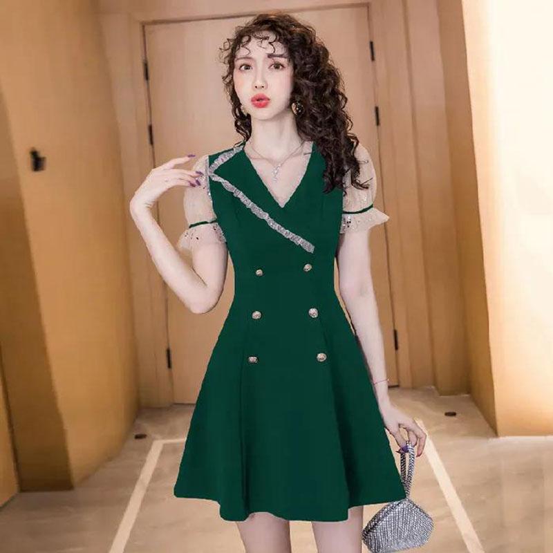 Women's Summer Dress Slim Solid Color V-neck A-line Skirt