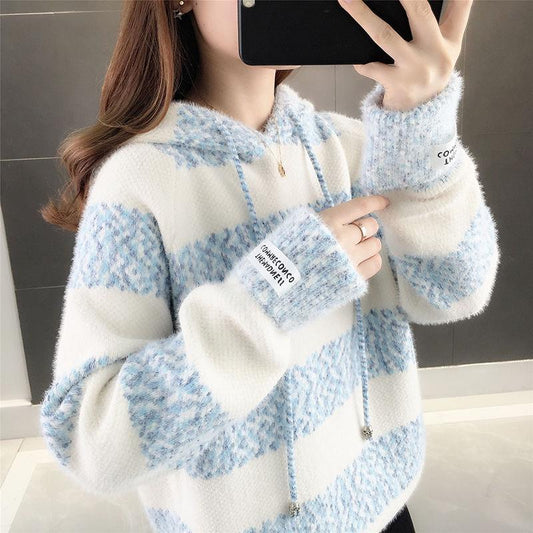 Imitation Mink Pullover Women's Sweater Autumn and Winter No Shed Hair Thick Loose Striped Hooded Sweater
