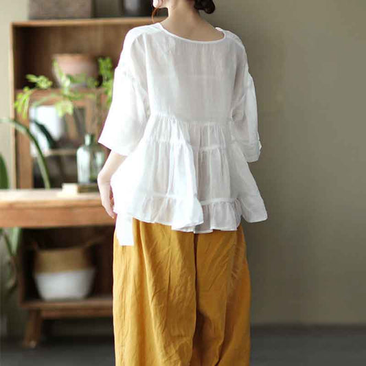 Pure Cotton Summer Retro Sweet Stitching Ruffled Shirt Loose Large Size V-neck Top Imitation Cotton and Linen Shirt Women