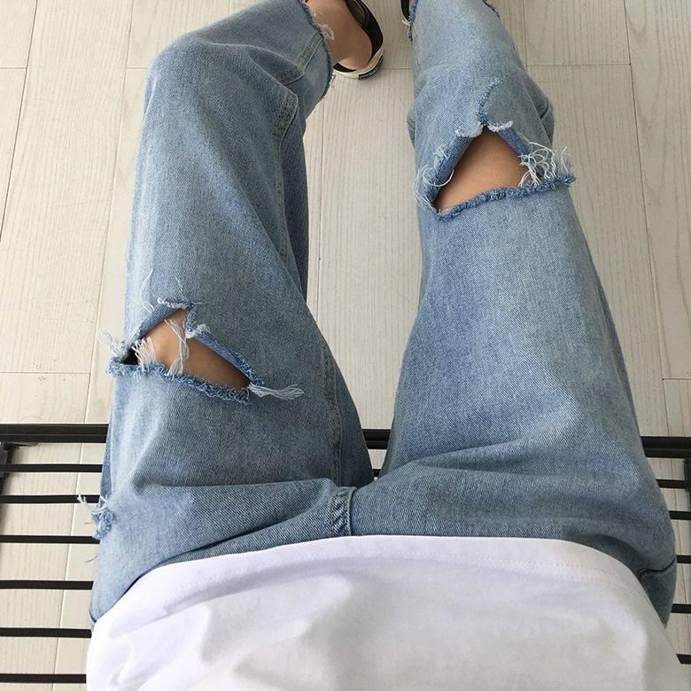 WTEMPO Hole Jeans Loose Social Nine Points Wide Leg Female Student High Waist Was Thin Straight Pants