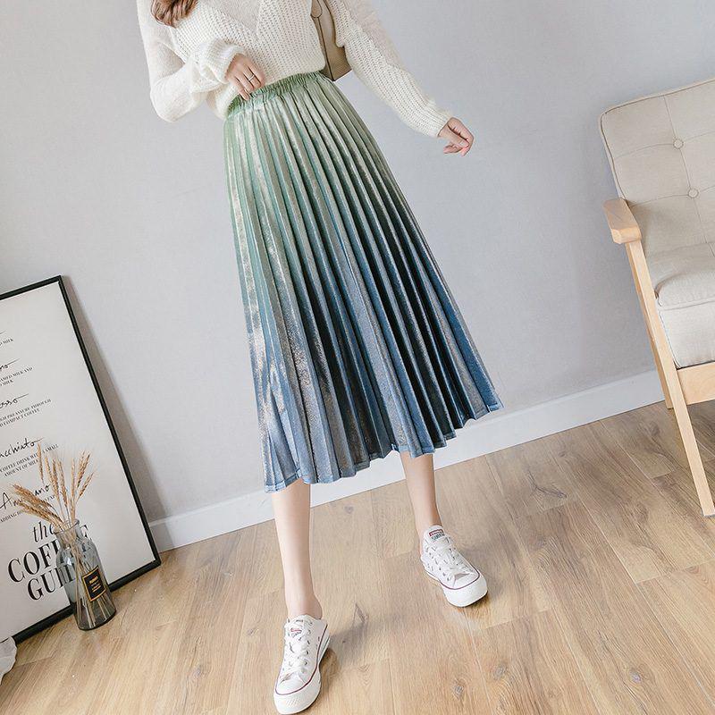 Spring Women Long Metallic Silver Maxi Pleated Midi Skirt High Waist Elascity Casual Party Skirt