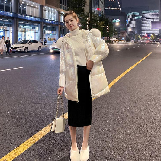 Glossy Cotton Winter Long Padded Jacket To Keep Warm Plus Cotton Down Winter Coat with Large Fur Collar