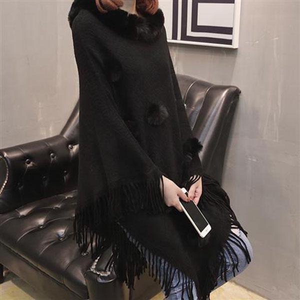 Women's Loose Sweater Outer Wear Fur Collar Batwing Sweater Hand-woven Tassel Cloak Knit Shawl Autumn Winter