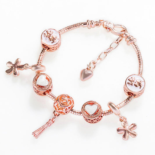 Pink Flower and Diamond Beaded Bracelet Gift Sakura Bracelet Five petal flower bracelet