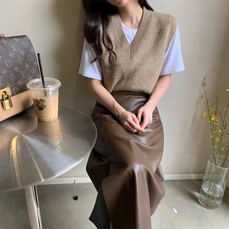 Design Skirt Women's High Waist Irregular Side Slits Slim Slimming Hips Mid-length All-match PU Leather Skirt