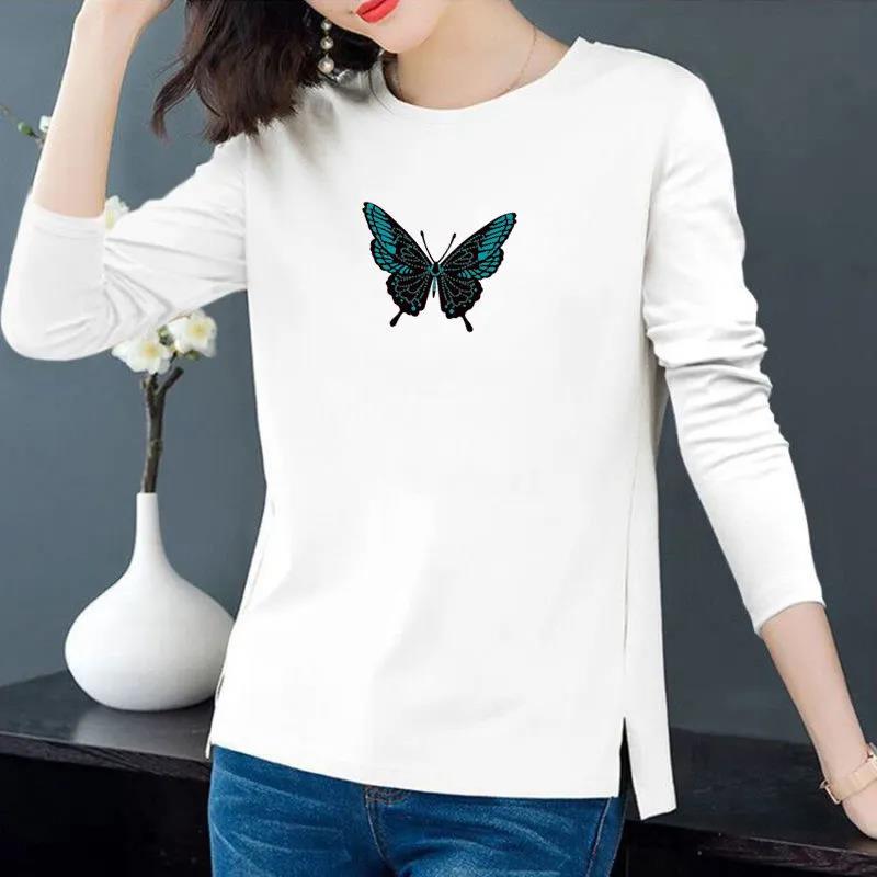 Spring Butterfly Print Shirt Long Sleeve T-Shirt Women Cotton Pullover Casual Split Bottom Shirt
