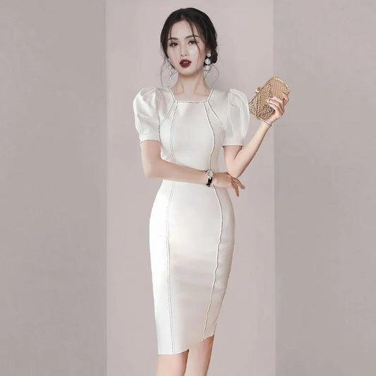 Goddess Fan OL Temperament Slim Slimming Professional Skirt Summer Dress Female Short-sleeved Square Neck Bag Hip Dress
