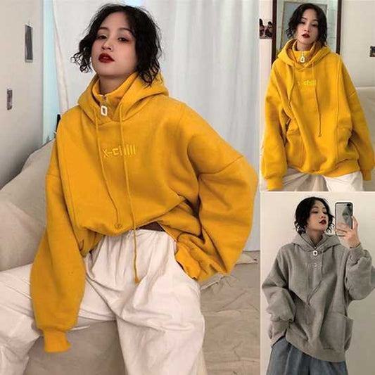 Women Fashion Autumn Winter Thickened Loose Hoodies High Collar Letter Embroidery Oversize Pullover