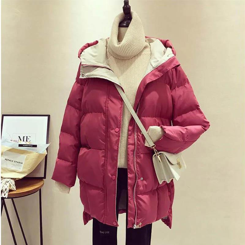 Winter Jacket Women's Cotton-padded Clothes Mid-length Korean Style Loose Hooded Thick Bread Clothes