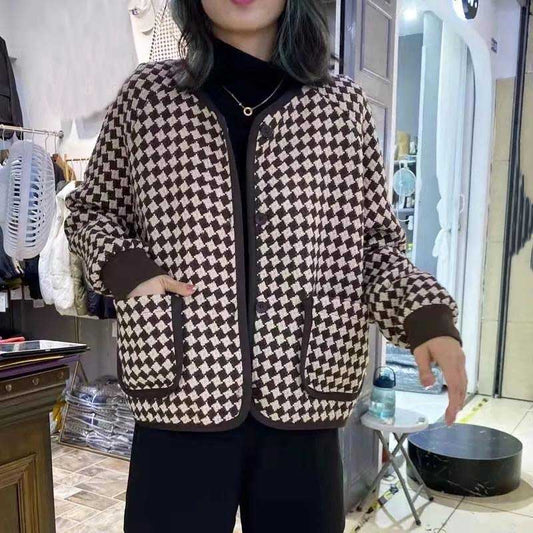 Round Neck Houndstooth Short Coat Women's Spring and Autumn High-end Foreign Style All-match Long-sleeved Top