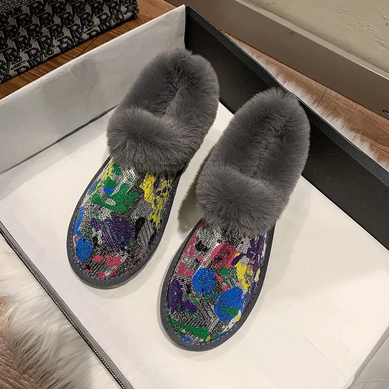 Snow Boots Women's Winter All-match Short Boots Sequined Short Boots To Keep Warm and Velvet Cotton Shoes Tide