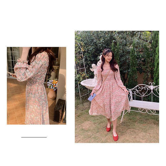 Gentle Color All-match Floral Mid-length Slim Chiffon Midi Skirt Dress