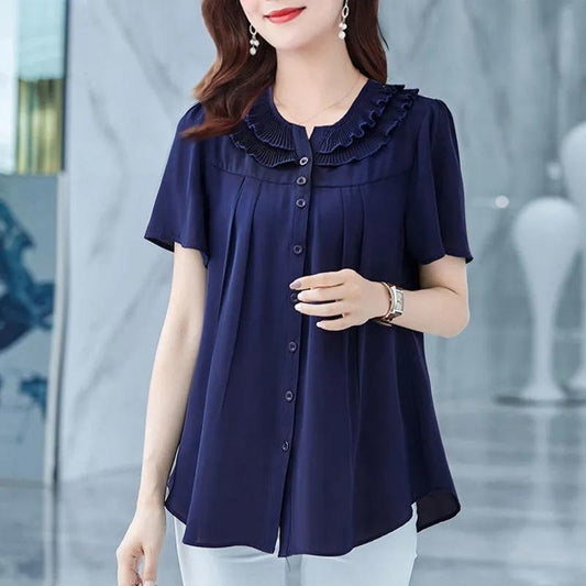 Large Size Short-sleeved Top Women's Round Neck Fungus Edge Collar Loose Thin Shirt Solid Color Chiffon Shirts Button Up Casual All Match Blouses Top