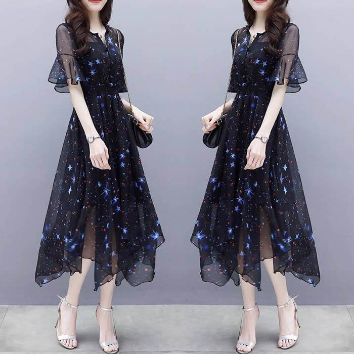 Pofulove S-3XL Women V-neck Chiffon Star Dress Slim Office Lady Sexy Short-sleeved Long A-line Dress